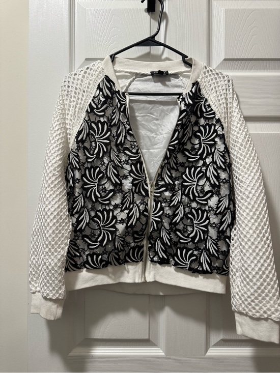 Jones New York Jackets & Blazers - Jones New York White and Black Lace-Front Bomber Jacket